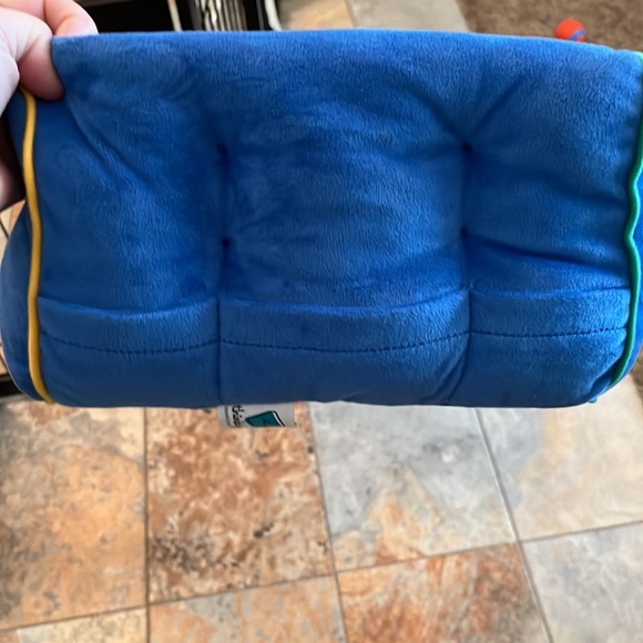 Book/Tablet Cradle Push Pillow, Blue, Fake Buttons, Green & Yellow Trim - Picture 3 of 6